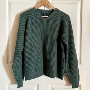90s Vintage Lands' End Forest Green 100% Fine 2-Ply Cashmere V-Neck Sweater M